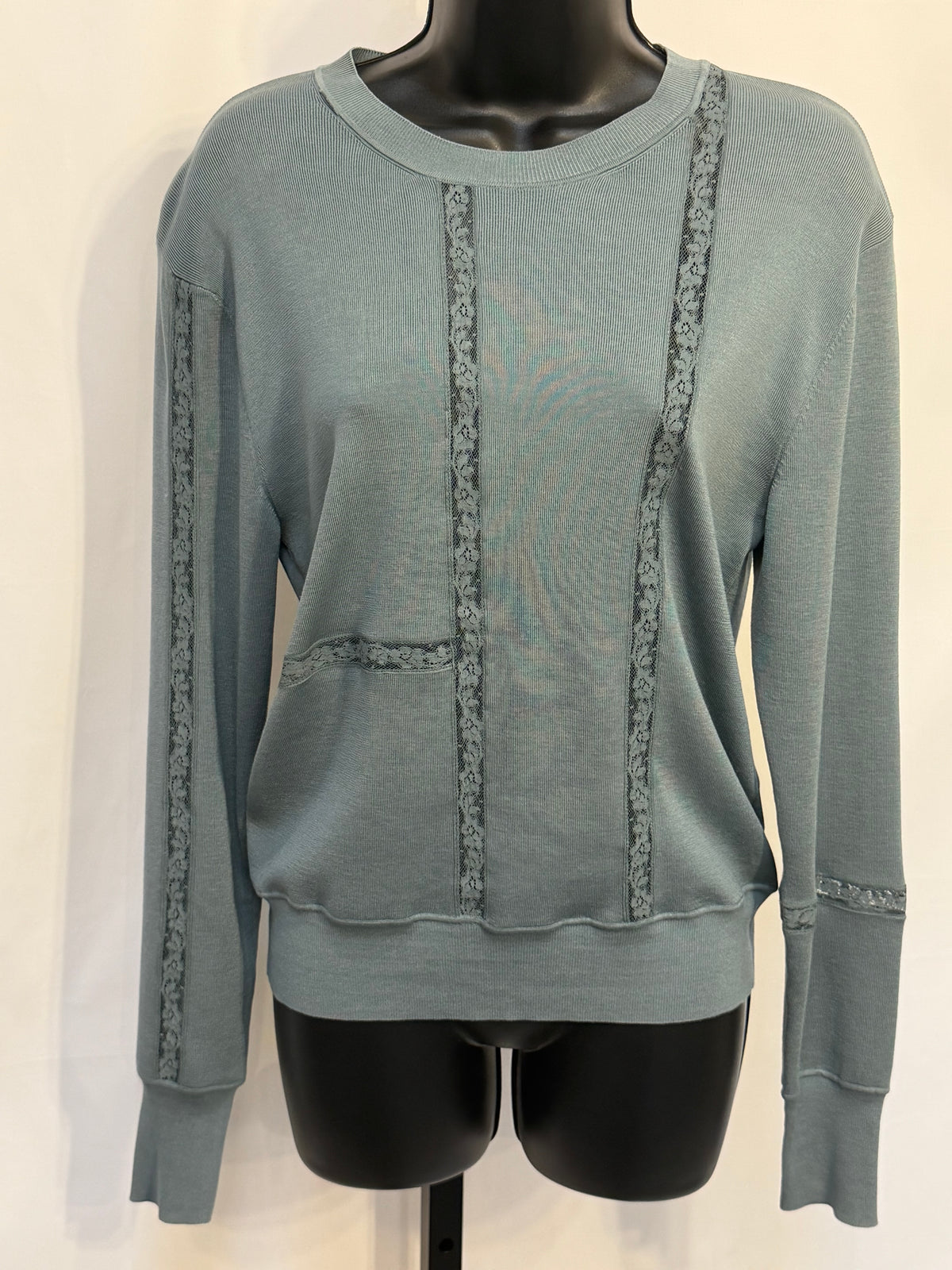 Chloe "Blue Sea" Long Sleeve Crew-Neck Sweater w Lace Detail