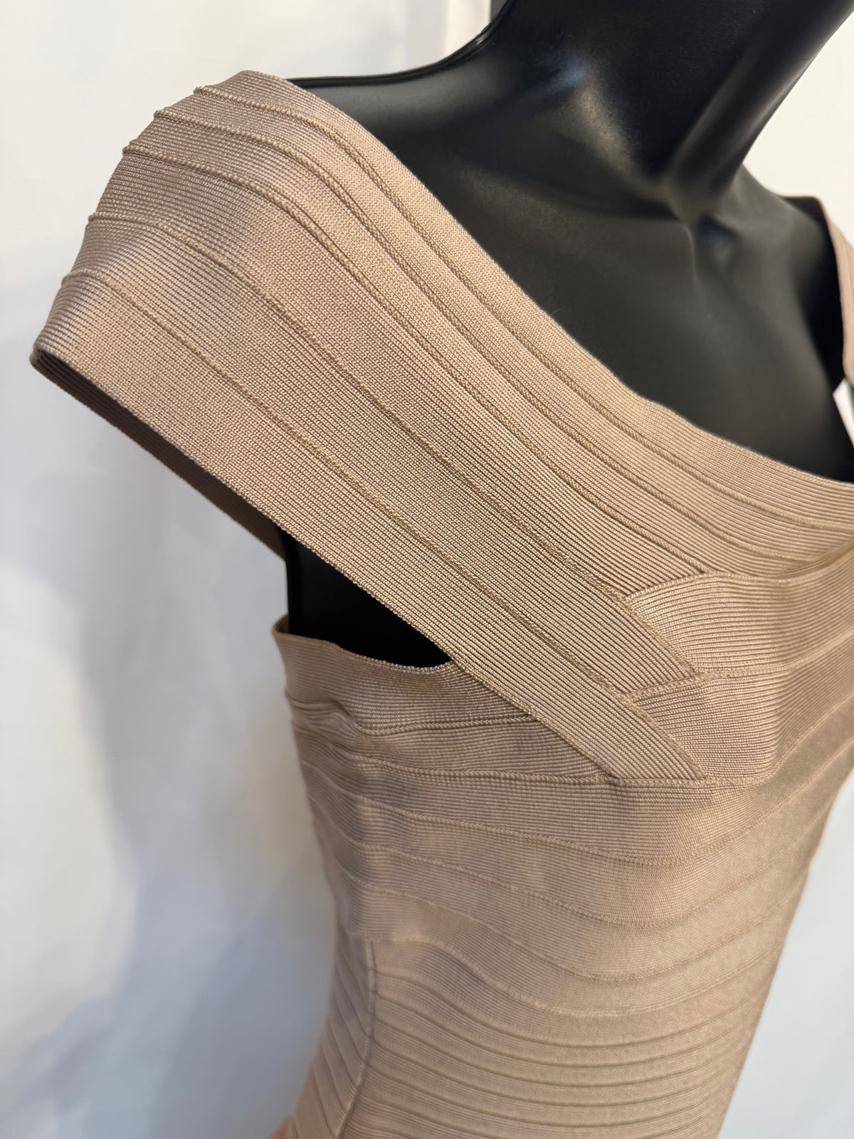 Herve Leger Beige Off Shoulder Bandage Dress NWT