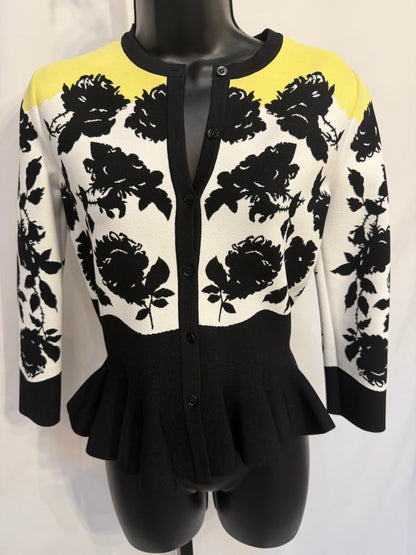 Alexander McQueen Yellow Black & White Floral Half Sleeve Button Down Peplum Sweater
