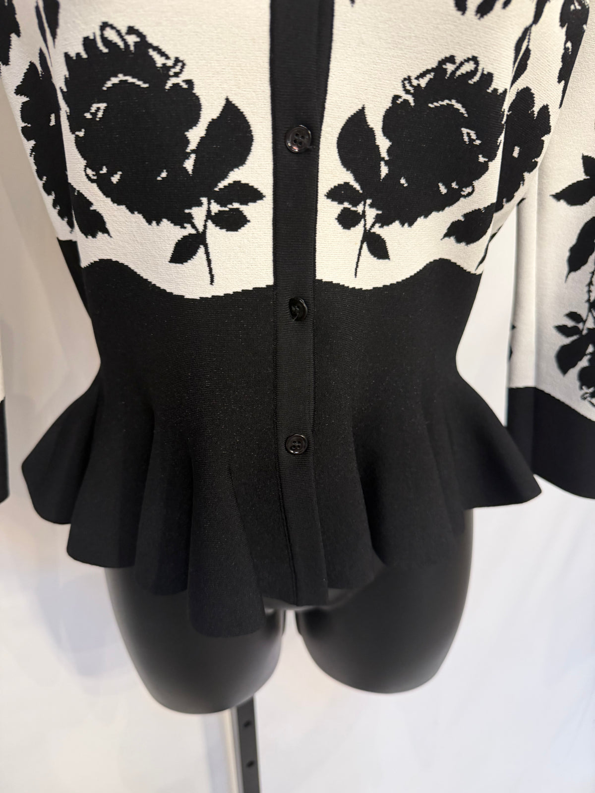 Alexander McQueen Yellow Black & White Floral Half Sleeve Button Down Peplum Sweater