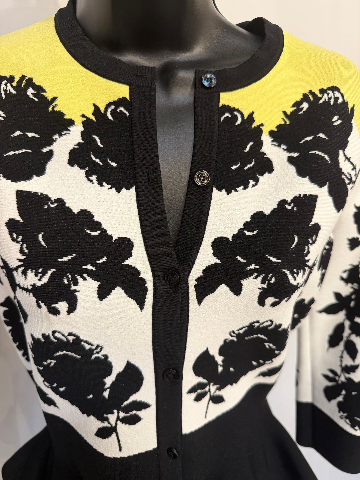 Alexander McQueen Yellow Black & White Floral Half Sleeve Button Down Peplum Sweater