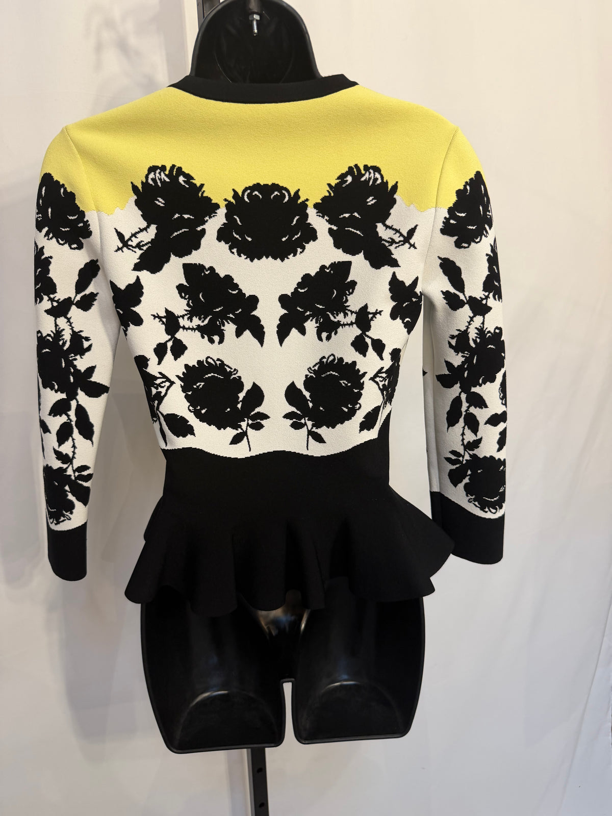 Alexander McQueen Yellow Black & White Floral Half Sleeve Button Down Peplum Sweater