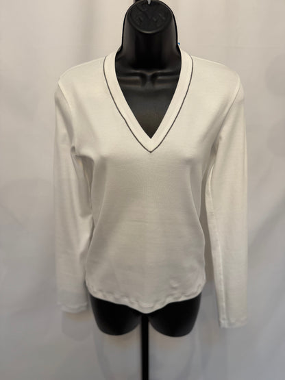 Brunello Cucinelli White Ribbed V-Neck Long Sleeve Blouse w/ Monili Beading
