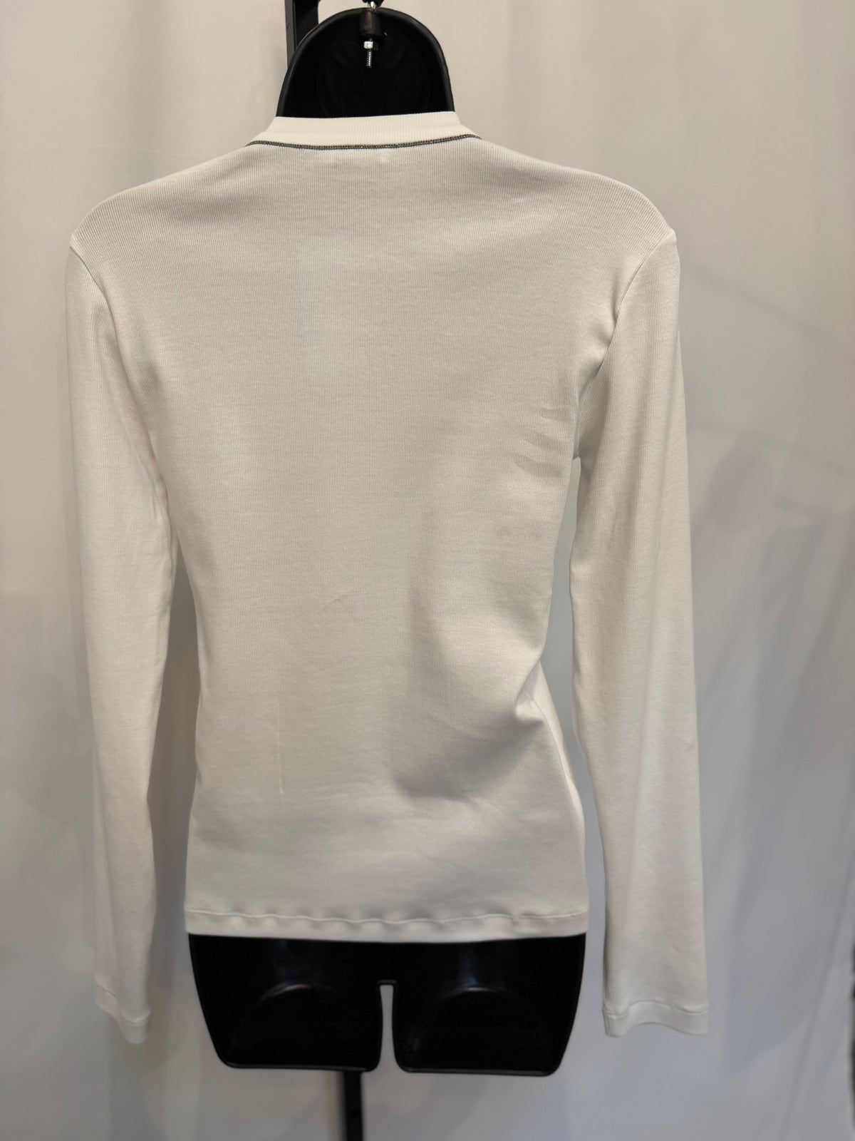 Brunello Cucinelli White Ribbed V-Neck Long Sleeve Blouse w/ Monili Beading