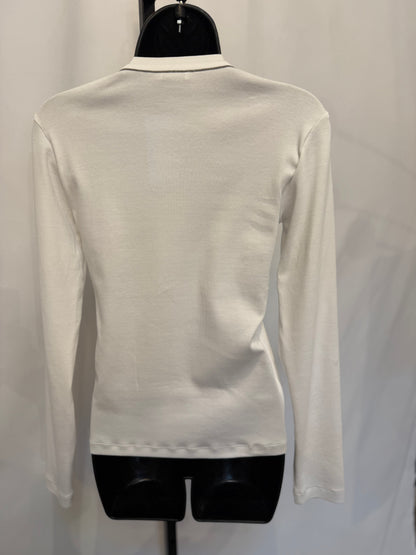 Brunello Cucinelli White Ribbed V-Neck Long Sleeve Blouse w/ Monili Beading
