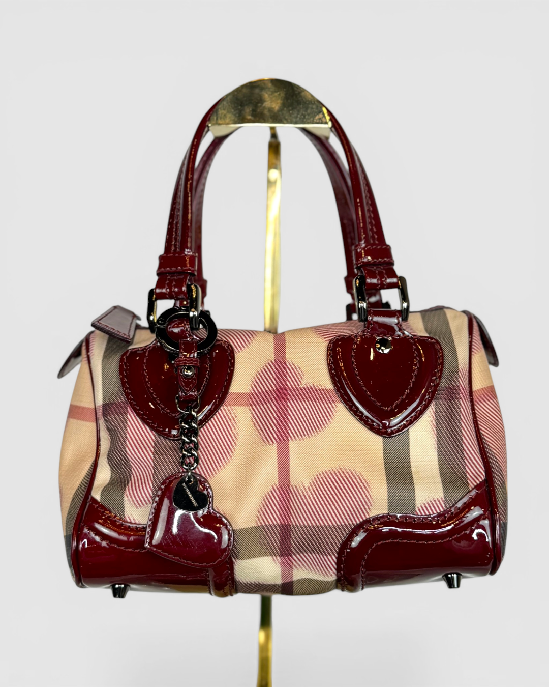 Burberry Supernova Check Heart Small Chester Bag w/ Berry Red Patent Leather