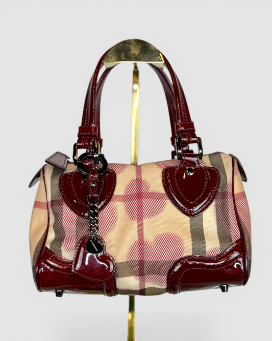 Burberry Supernova Check Heart Small Chester Bag w/ Berry Red Patent Leather