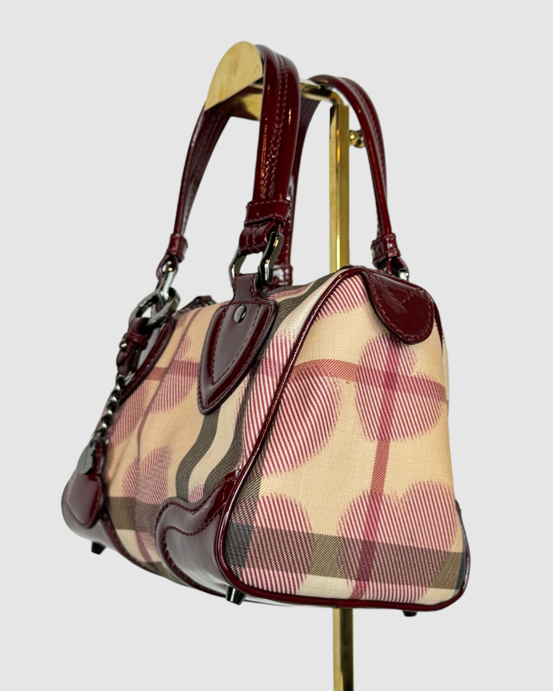 Burberry Supernova Check Heart Small Chester Bag w/ Berry Red Patent Leather