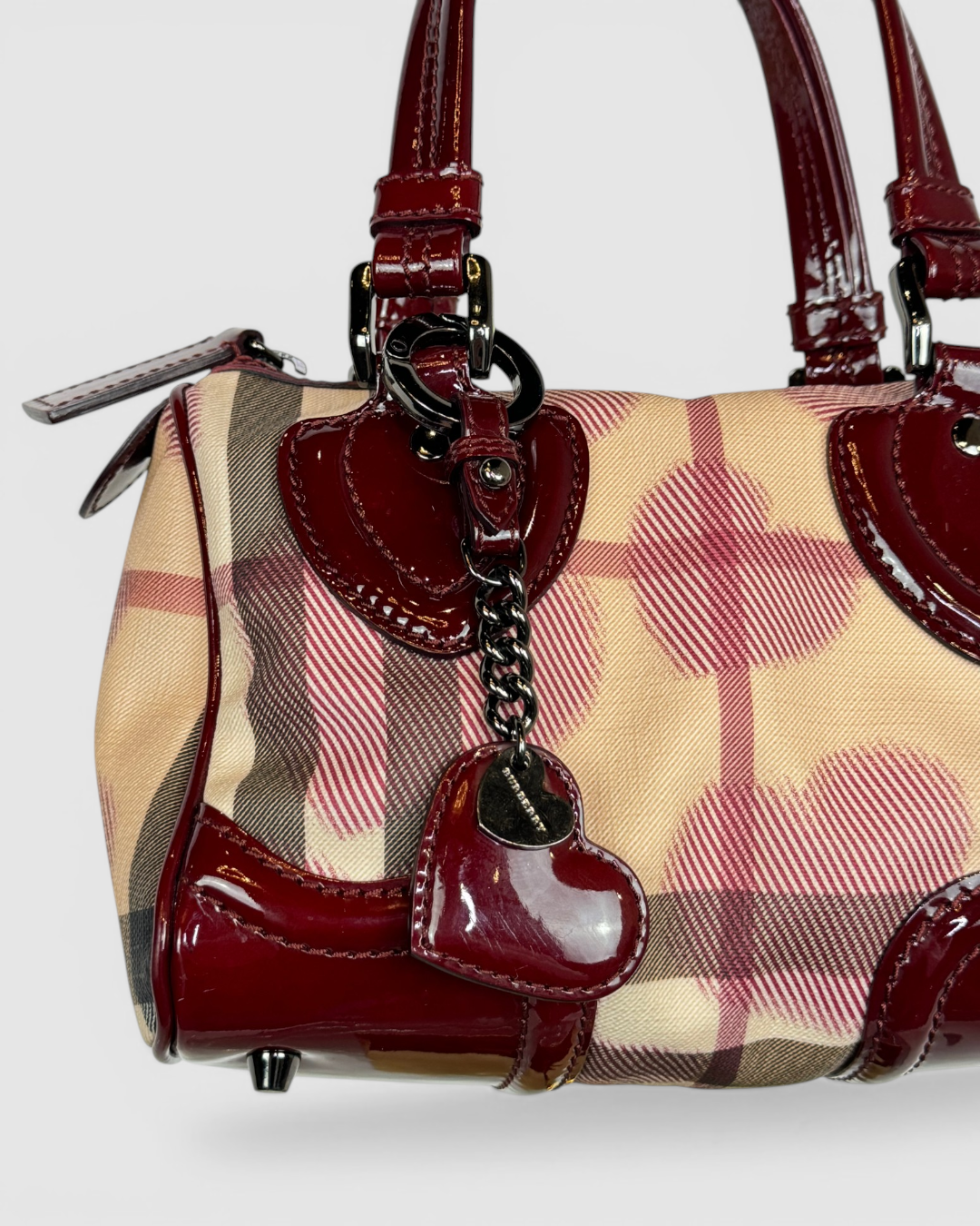 Burberry Supernova Check Heart Small Chester Bag w/ Berry Red Patent Leather