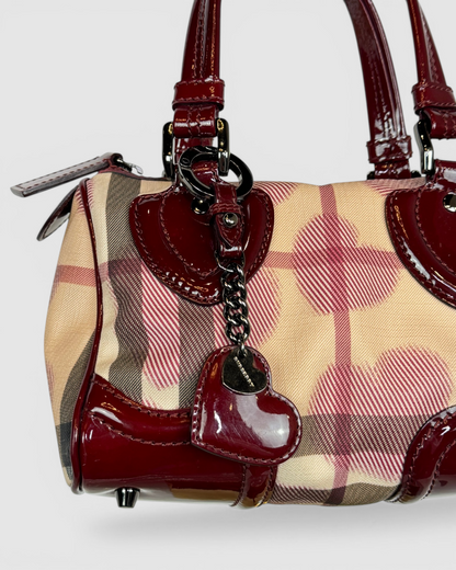 Burberry Supernova Check Heart Small Chester Bag w/ Berry Red Patent Leather