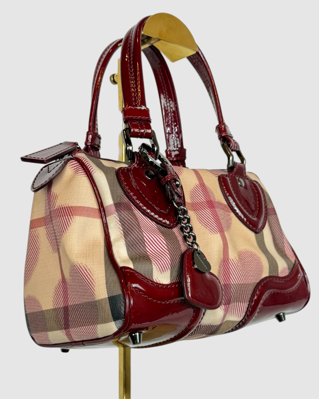 Burberry Supernova Check Heart Small Chester Bag w/ Berry Red Patent Leather