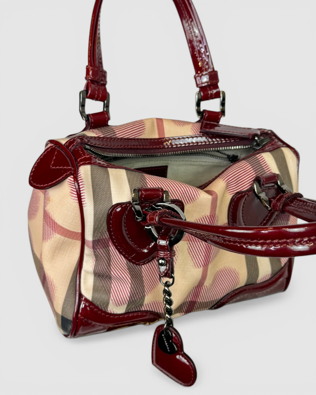 Burberry Supernova Check Heart Small Chester Bag w/ Berry Red Patent Leather