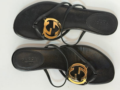 Gucci Black Leather Thong Sandals w/ GG Logo