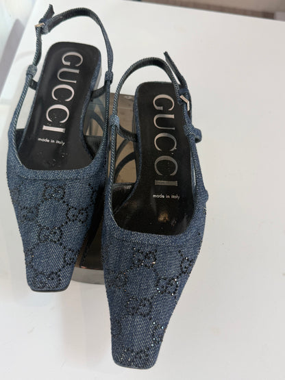 COMES WITH BOX - Gucci Denim GG Crystal Monogram Square Toe Slingback Mini Square Heel Flats