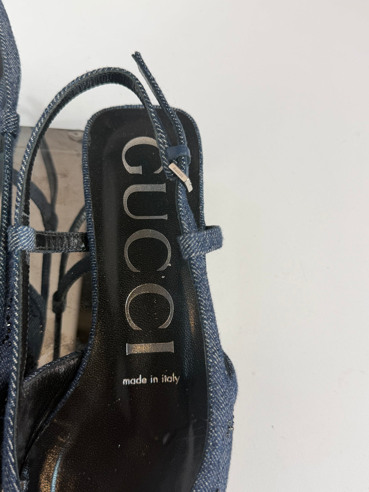 COMES WITH BOX - Gucci Denim GG Crystal Monogram Square Toe Slingback Mini Square Heel Flats