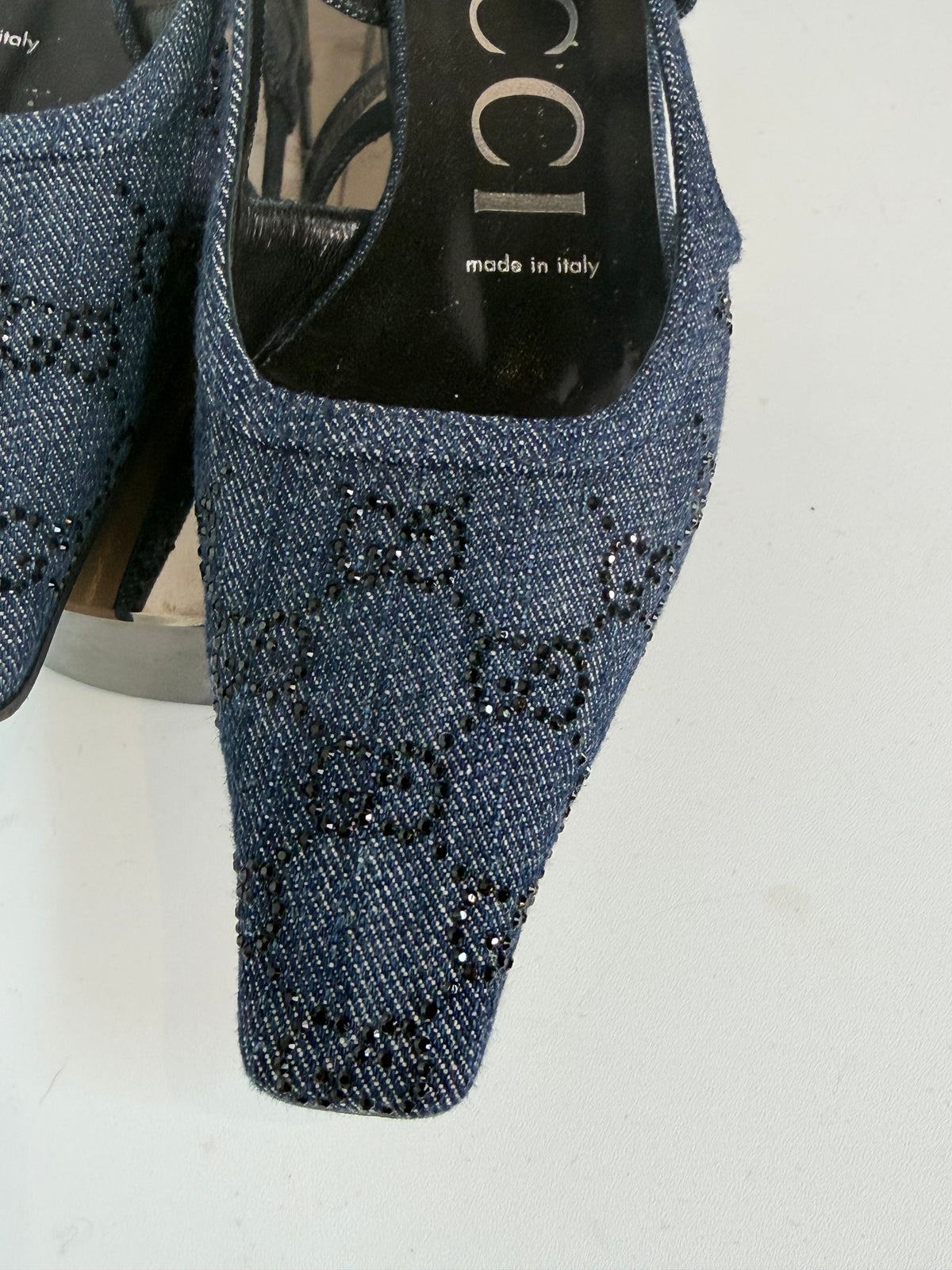 COMES WITH BOX - Gucci Denim GG Crystal Monogram Square Toe Slingback Mini Square Heel Flats
