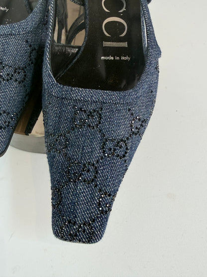 COMES WITH BOX - Gucci Denim GG Crystal Monogram Square Toe Slingback Mini Square Heel Flats