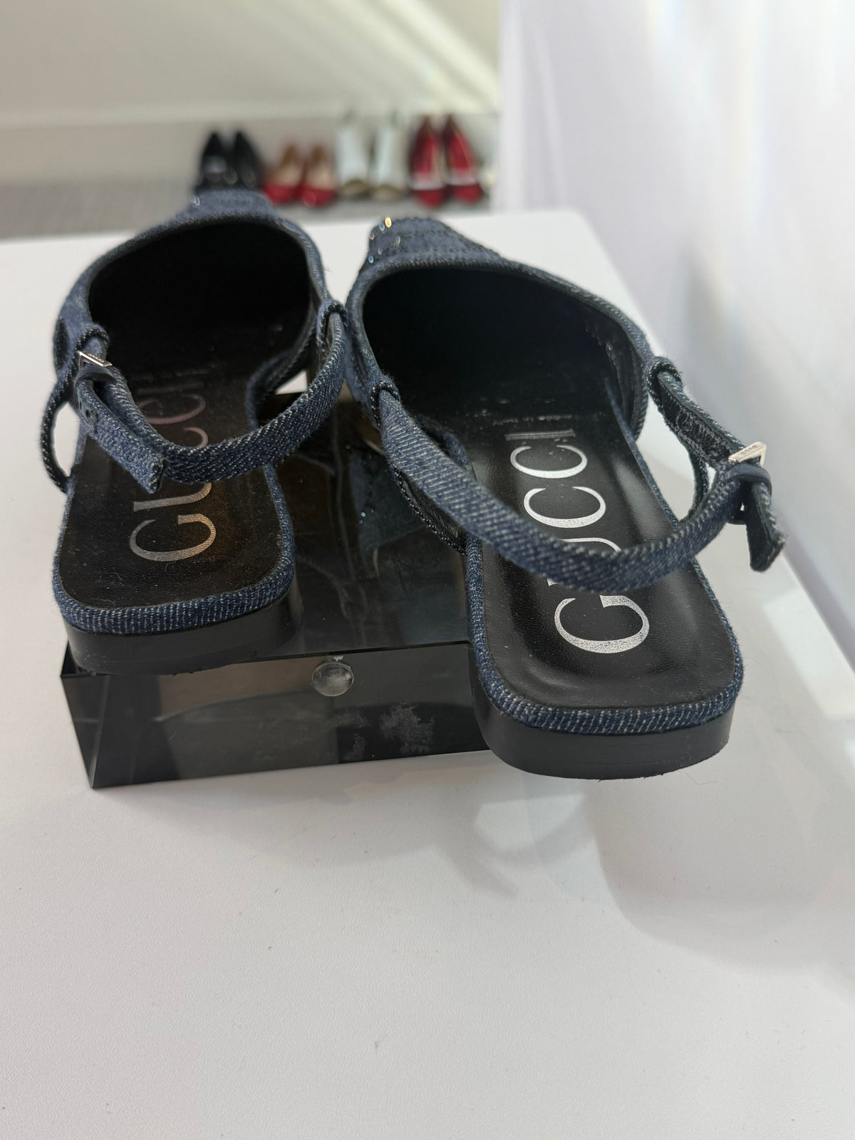 COMES WITH BOX - Gucci Denim GG Crystal Monogram Square Toe Slingback Mini Square Heel Flats