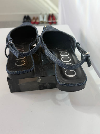 COMES WITH BOX - Gucci Denim GG Crystal Monogram Square Toe Slingback Mini Square Heel Flats