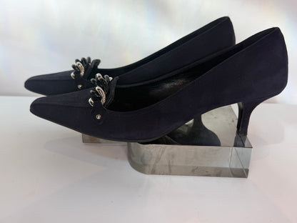Prada Suede Navy Pointed Toe Silver & Black Chain Detail Kitten Heels