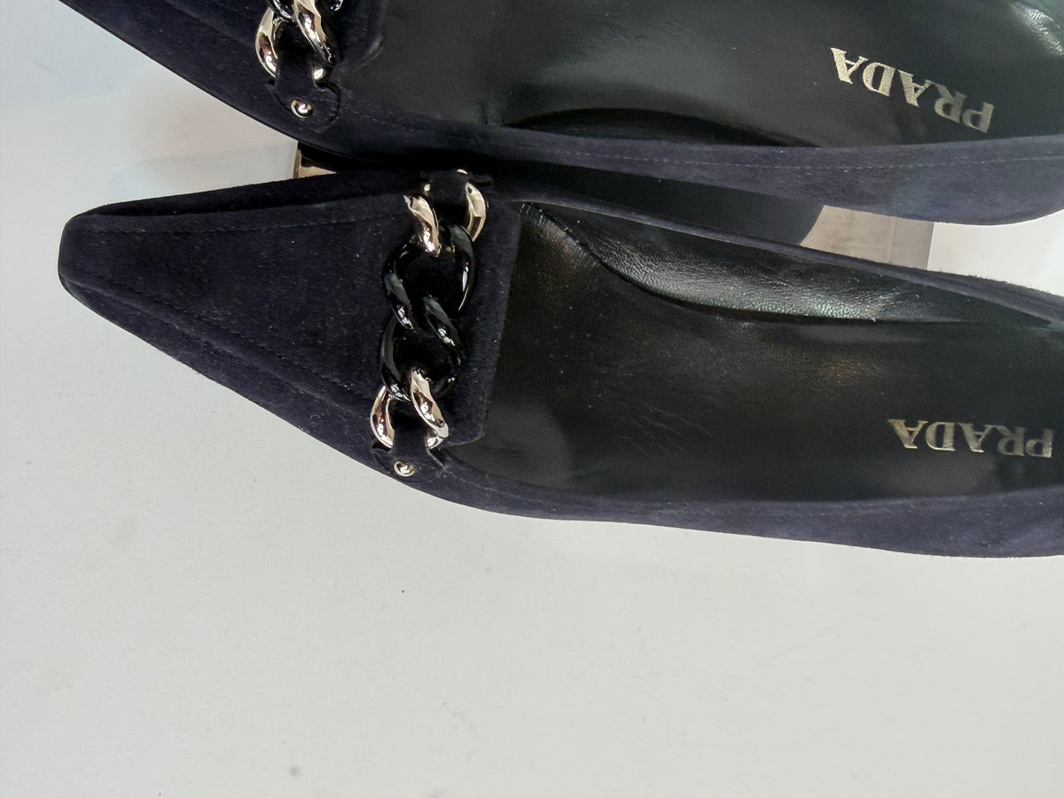 Prada Suede Navy Pointed Toe Silver & Black Chain Detail Kitten Heels