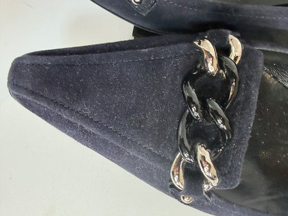 Prada Suede Navy Pointed Toe Silver & Black Chain Detail Kitten Heels