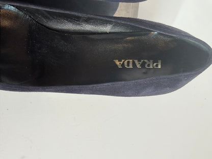Prada Suede Navy Pointed Toe Silver & Black Chain Detail Kitten Heels