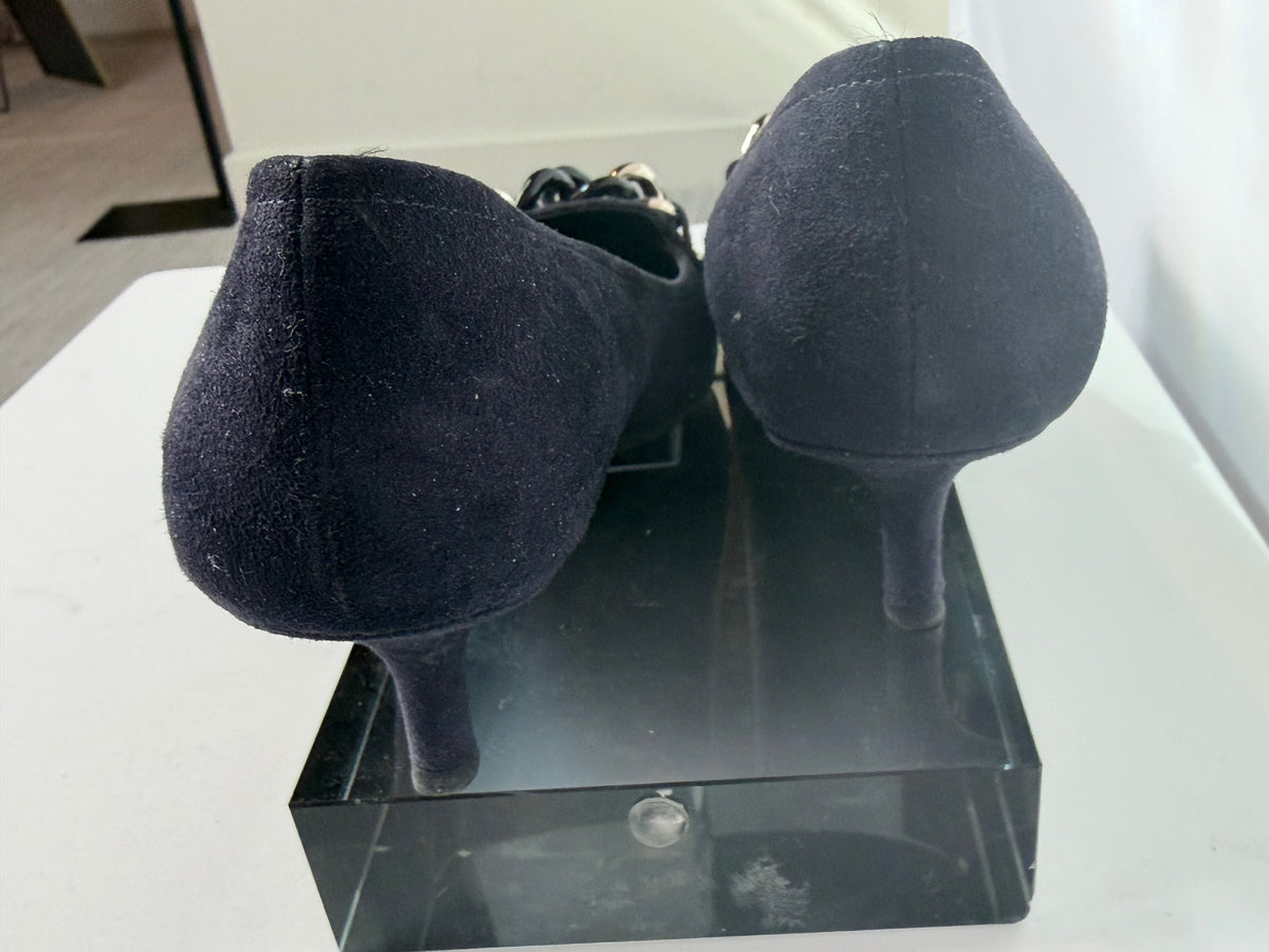 Prada Suede Navy Pointed Toe Silver & Black Chain Detail Kitten Heels