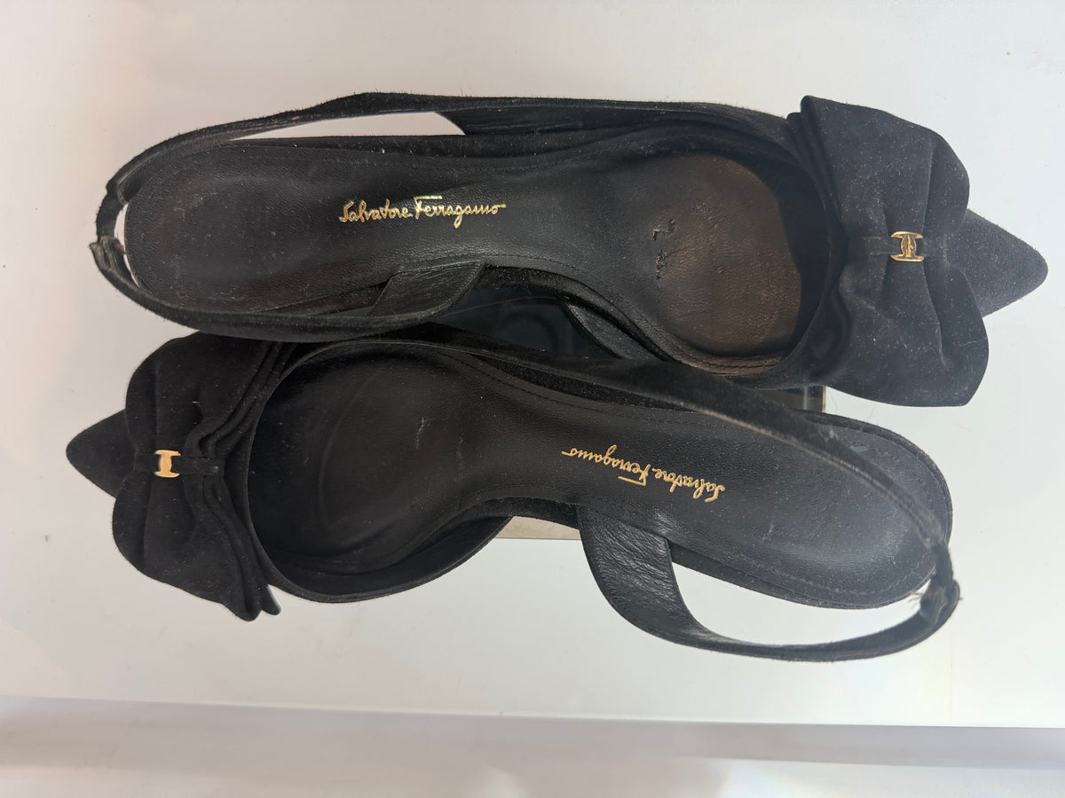 Salvatore Ferragamo Black Suede Bow Pointed Toe Slingback Kitten Heel