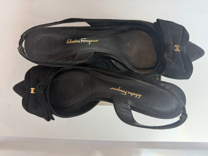 Salvatore Ferragamo Black Suede Bow Pointed Toe Slingback Kitten Heel