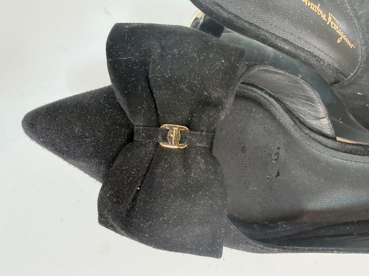 Salvatore Ferragamo Black Suede Bow Pointed Toe Slingback Kitten Heel