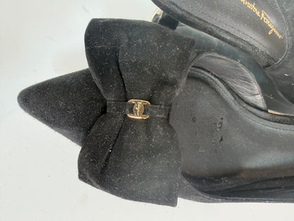 Salvatore Ferragamo Black Suede Bow Pointed Toe Slingback Kitten Heel
