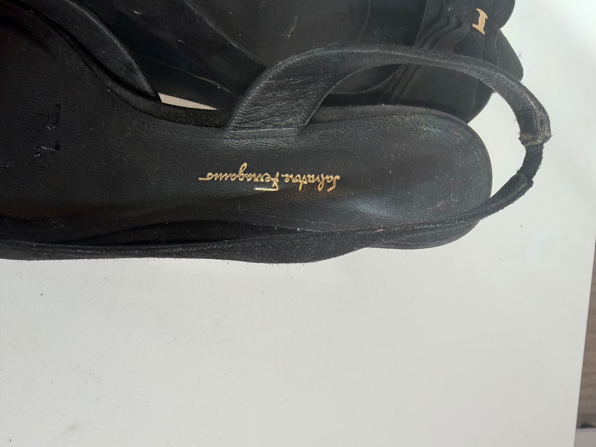 Salvatore Ferragamo Black Suede Bow Pointed Toe Slingback Kitten Heel