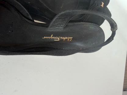 Salvatore Ferragamo Black Suede Bow Pointed Toe Slingback Kitten Heel