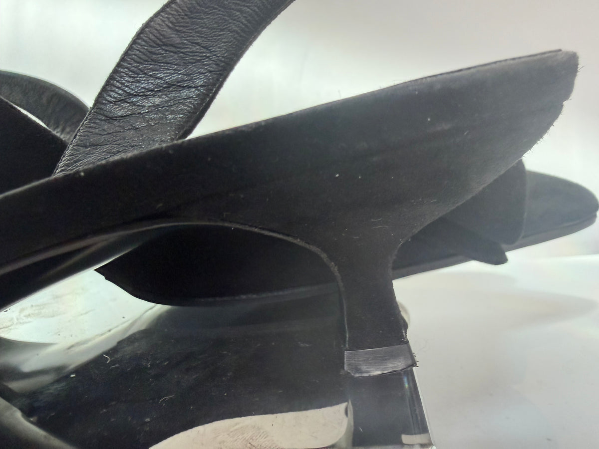 Salvatore Ferragamo Black Suede Bow Pointed Toe Slingback Kitten Heel