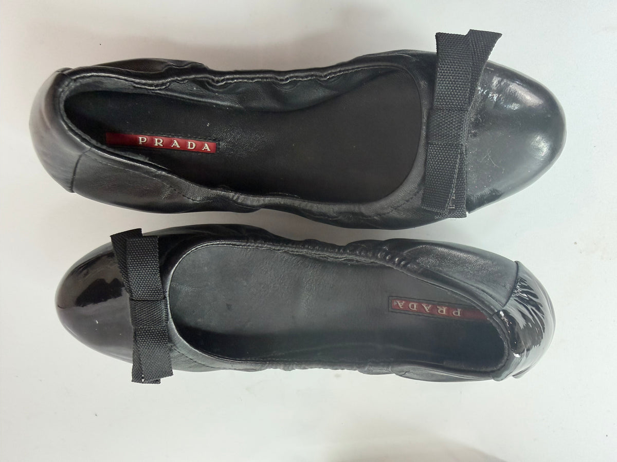 Prada Black Patent Leather Front Bow Ballet Flats