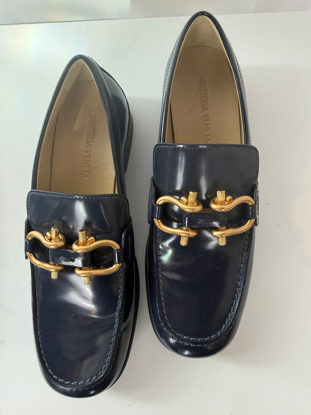 Bottega Leather Navy Square Toe Flat Loafers w Gold Hardware