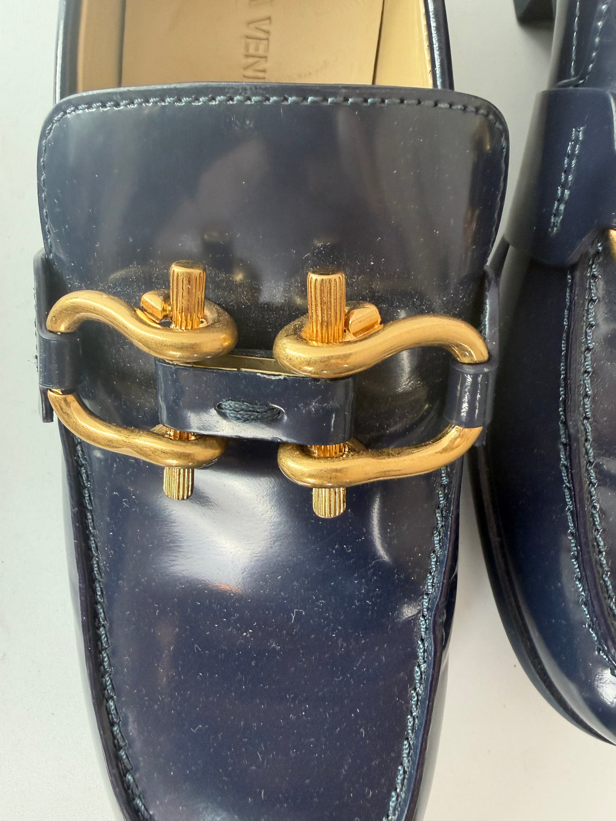 Bottega Leather Navy Square Toe Flat Loafers w Gold Hardware