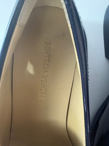 Bottega Leather Navy Square Toe Flat Loafers w Gold Hardware