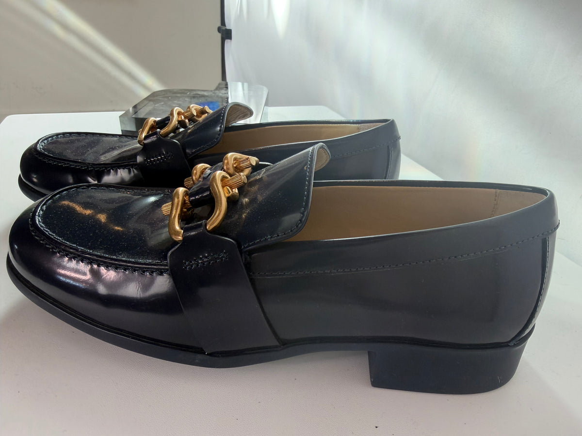 Bottega Leather Navy Square Toe Flat Loafers w Gold Hardware