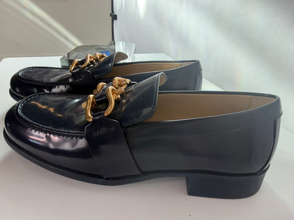 Bottega Leather Navy Square Toe Flat Loafers w Gold Hardware
