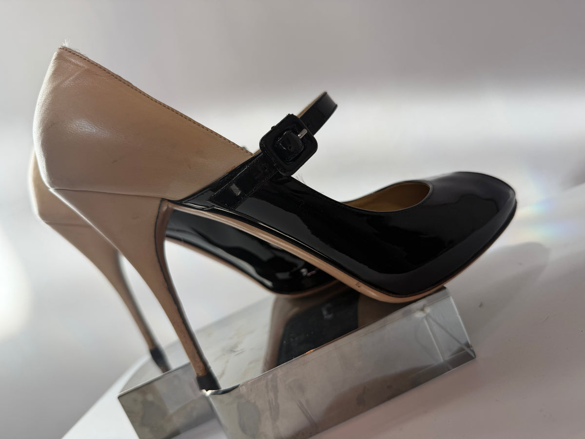 Valentino Black and Nude Leather Peep Toe Mary Jane Strap Pumps