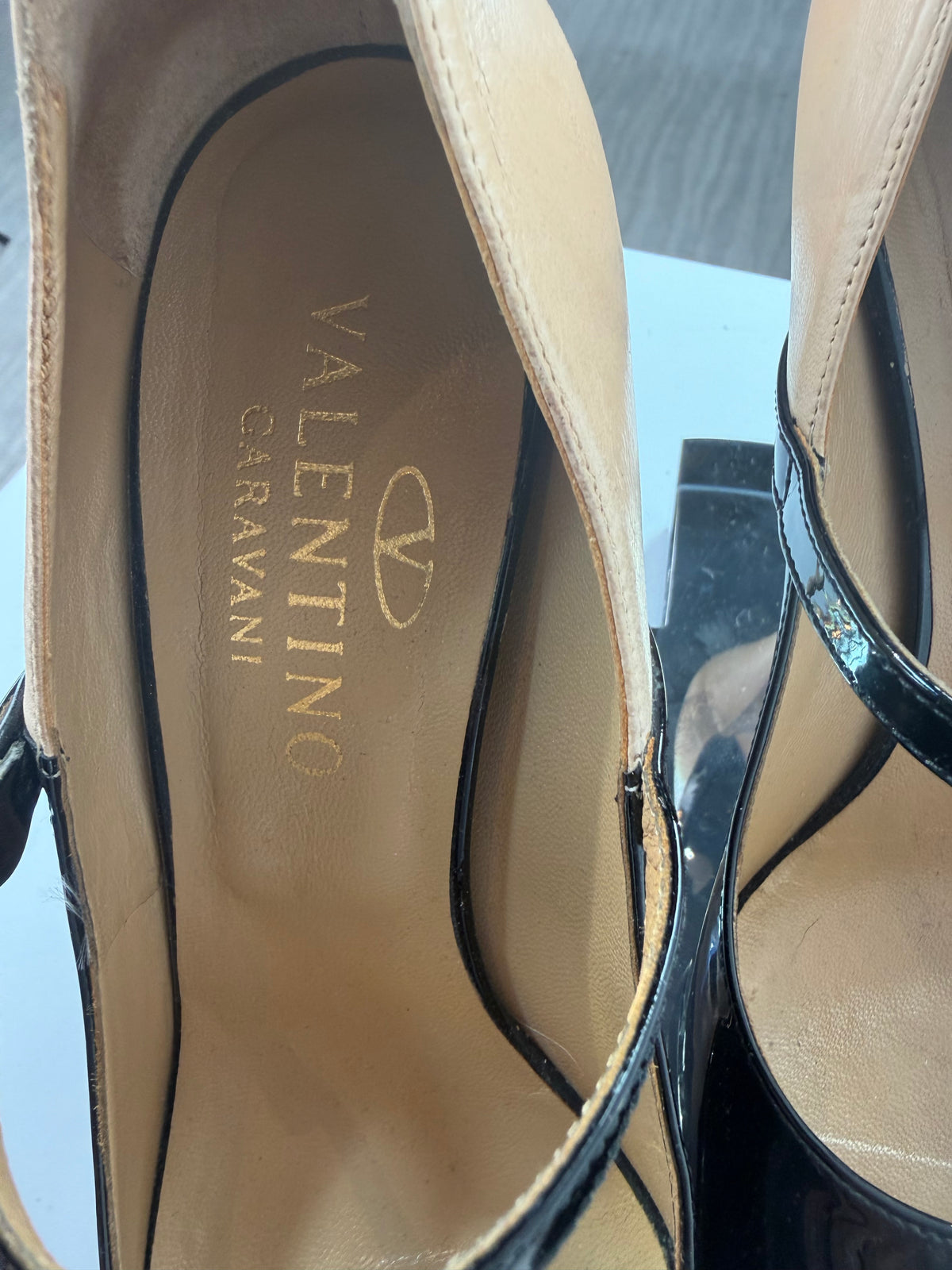Valentino Black and Nude Leather Peep Toe Mary Jane Strap Pumps
