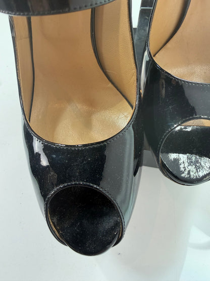 Valentino Black and Nude Leather Peep Toe Mary Jane Strap Pumps