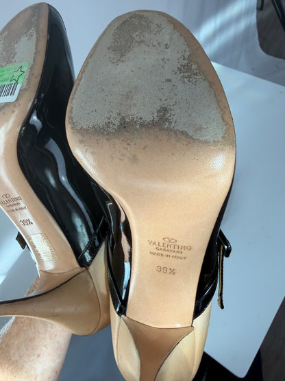 Valentino Black and Nude Leather Peep Toe Mary Jane Strap Pumps