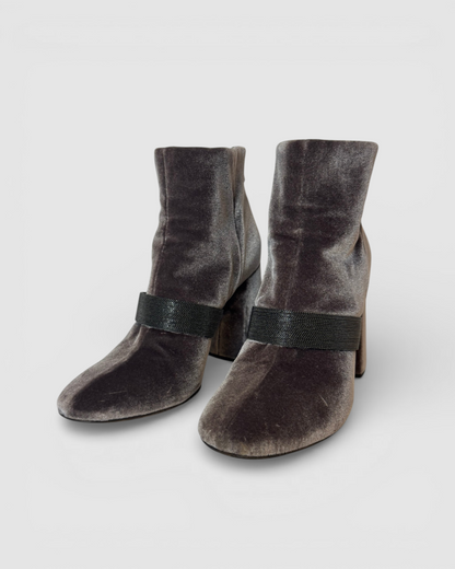 Brunello Cucinelli Velvet Grey Signature Beaded Round Toe Block Heel Booties
