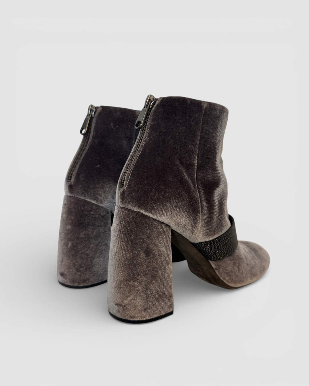 Brunello Cucinelli Velvet Grey Signature Beaded Round Toe Block Heel Booties