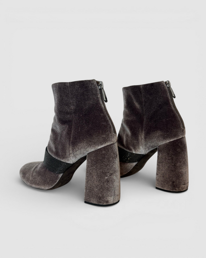 Brunello Cucinelli Velvet Grey Signature Beaded Round Toe Block Heel Booties