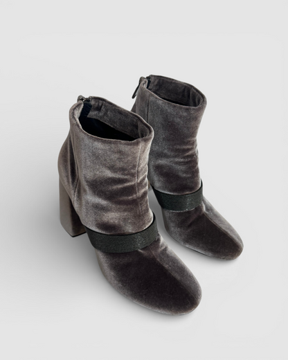 Brunello Cucinelli Velvet Grey Signature Beaded Round Toe Block Heel Booties