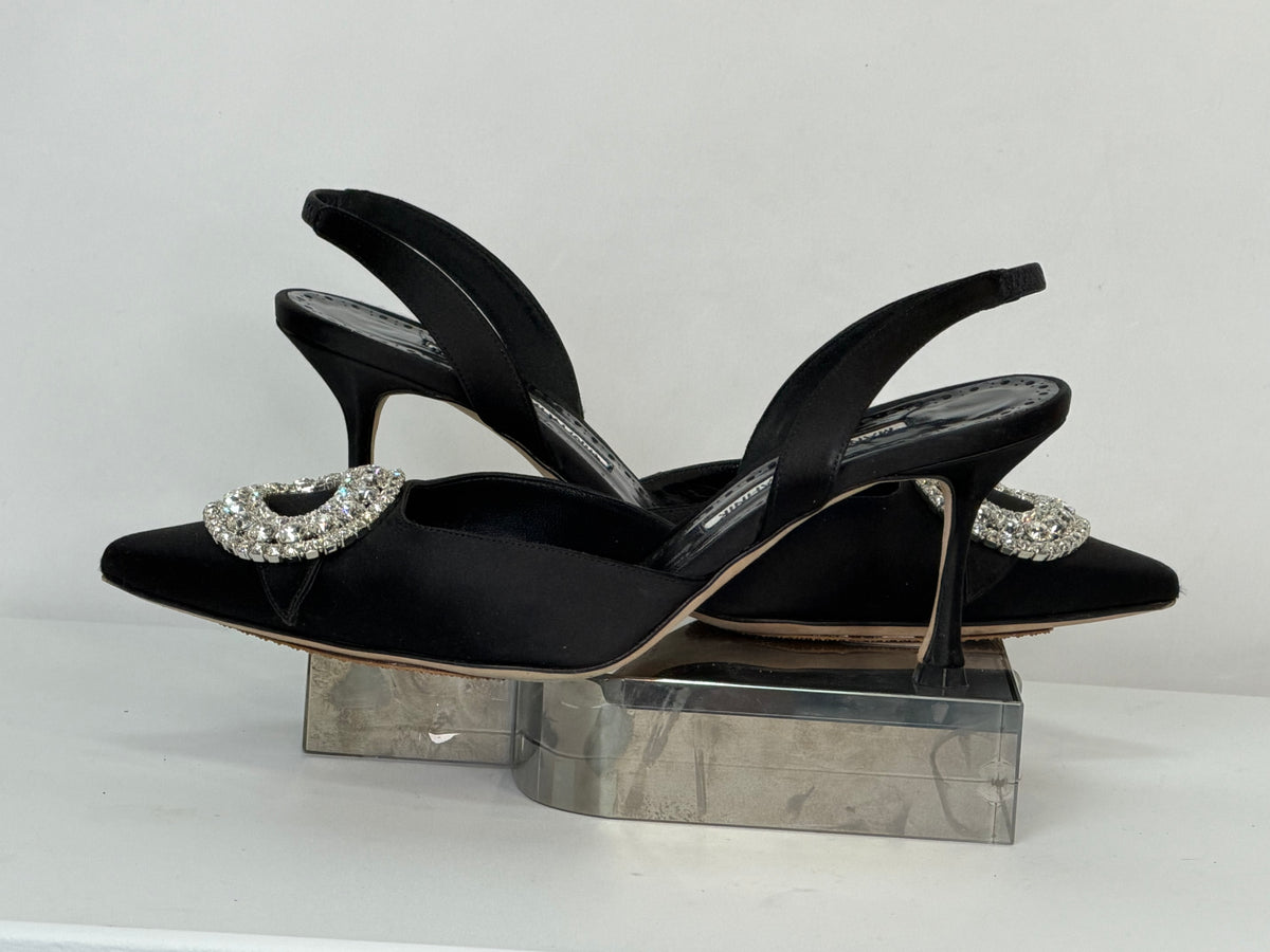 Manolo Blahnik Black Satin Oval Rhinestone Detail Ankle Strap Heels